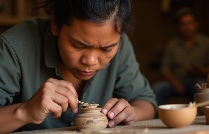 Artisan working on traditional Brazilian craft, representing Projeto Raízes Vivas activities