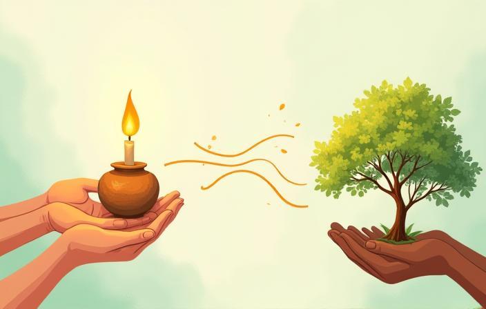 Illustration showing a candle leading to positive outcome related to the cause - hands holding craft, trees